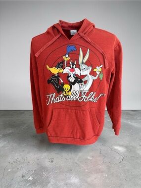 Looney Tunes That's All Folks Red Hoodie Womens XXl (19) Fleece Lined Excellent
